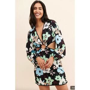 Finders Keepers Foxy Long Sleeve Mini Dress Black Retro Floral Medium Fairy Boho